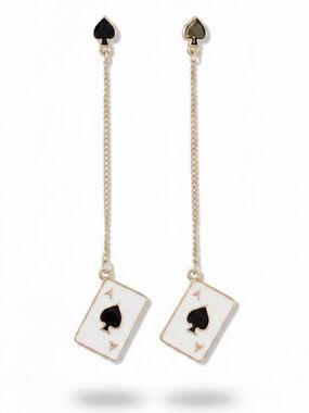 Black Ace Spades Enamel & Gold Chain Long Dangling Lightweight Vegas 3" Earrings